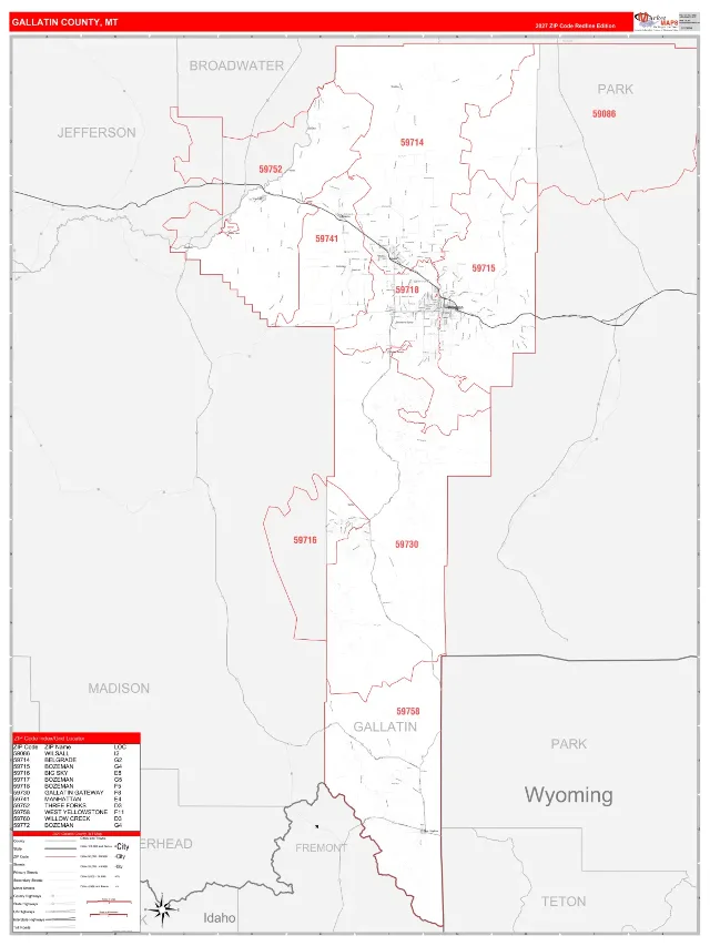 Gallatin County, MT ZIP Code Wall Map, RedLine style