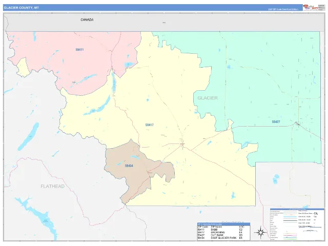 Glacier County, MT ZIP Code Wall Map, ColorCast style