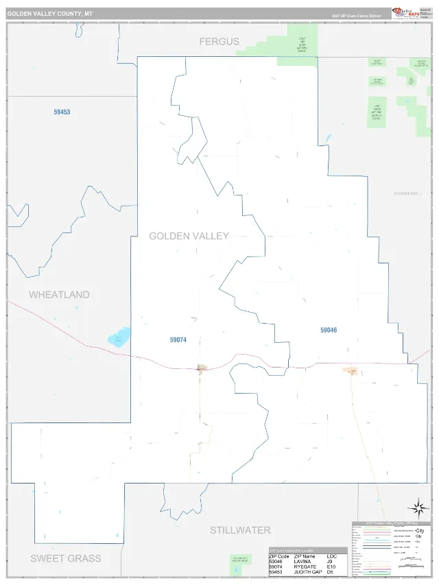 Golden Valley County, MT ZIP Code Wall Map, Classic style