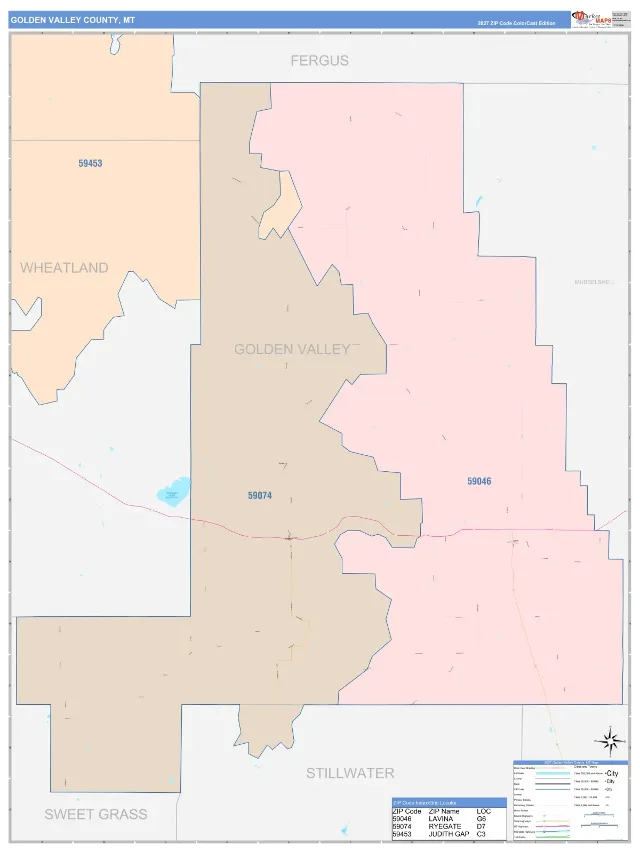 Golden Valley County, MT ZIP Code Wall Map, ColorCast style