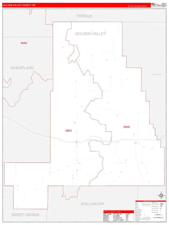 Golden Valley County, MT ZIP Code Wall Map, RedLine style