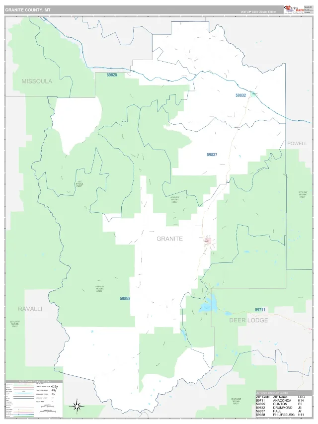 Granite County, MT ZIP Code Wall Map, Classic style