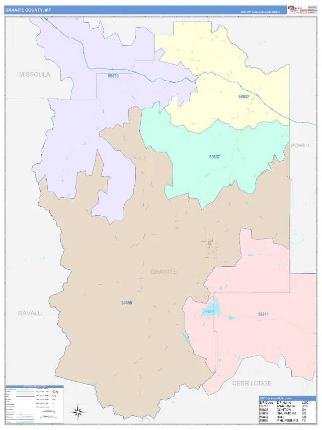Granite County, MT ZIP Code Wall Map, ColorCast style