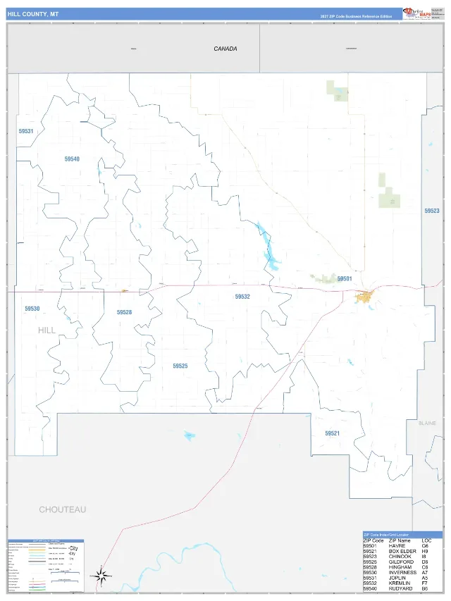 Hill County, MT ZIP Code Wall Map, Business Reference style