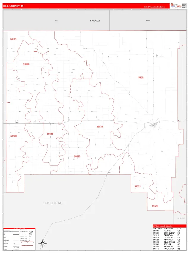Hill County, MT ZIP Code Wall Map, RedLine style