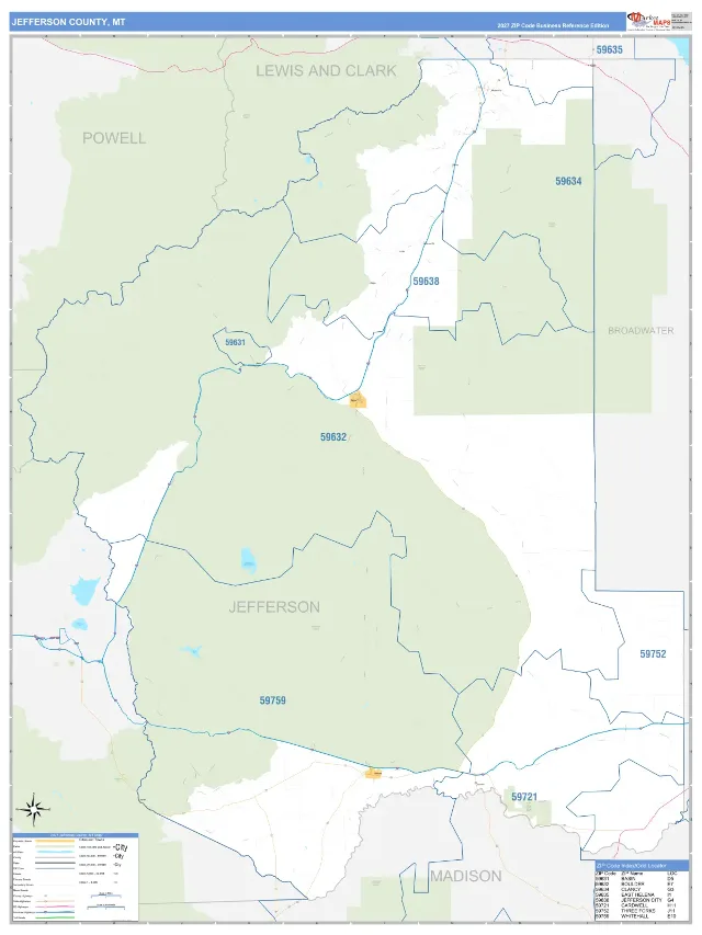 Jefferson County, MT ZIP Code Wall Map, Business Reference style