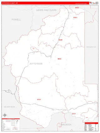 Jefferson County, MT RedLine style ZIP Code wall map