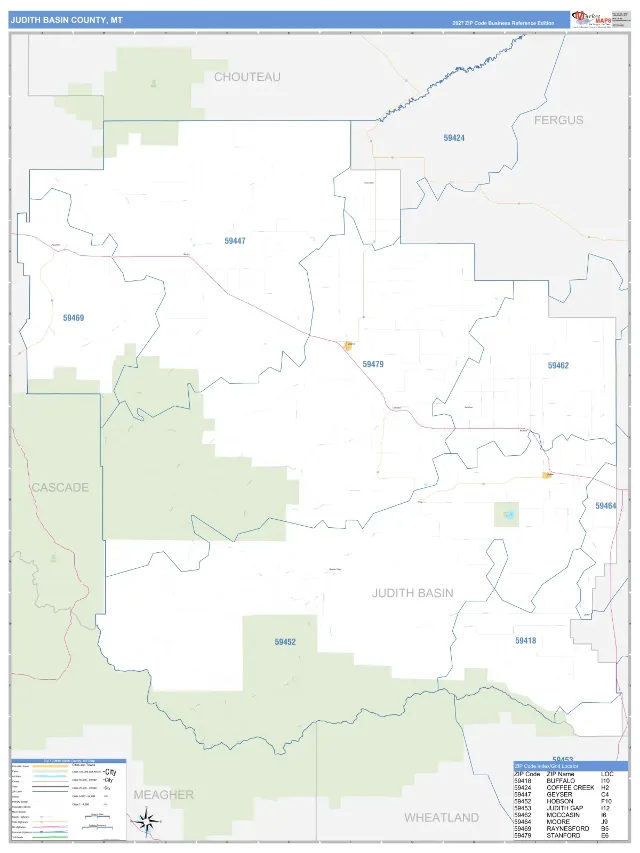 Judith Basin County, MT ZIP Code Wall Map, Business Reference style