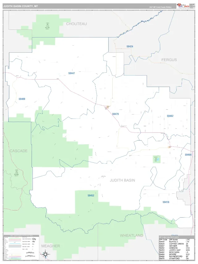 Judith Basin County, MT ZIP Code Wall Map, Classic style