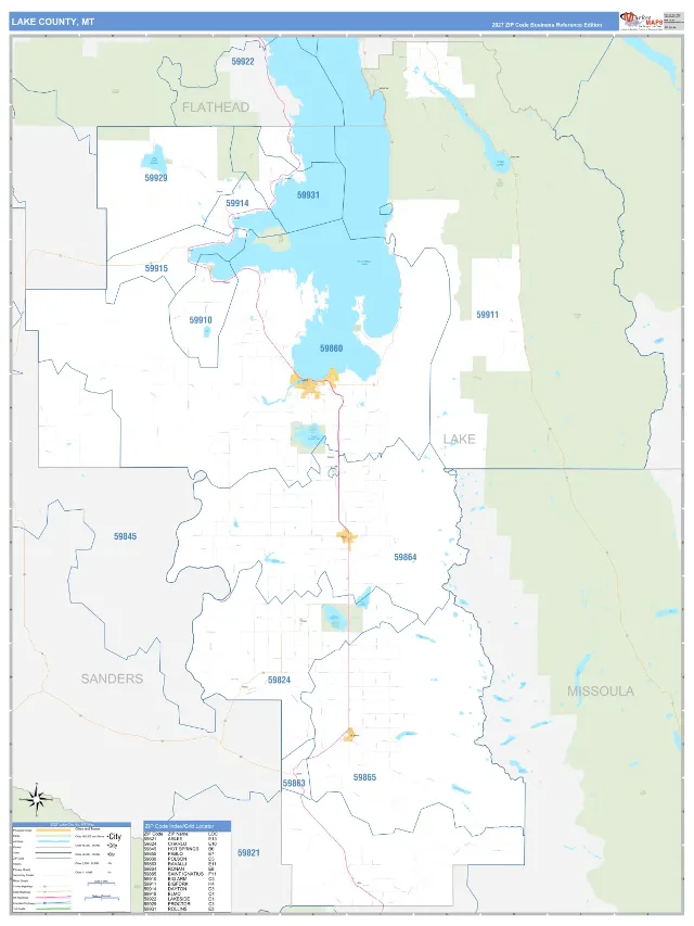 Lake County, MT ZIP Code Wall Map, Business Reference style