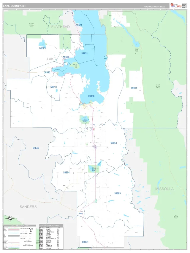 Lake County, MT ZIP Code Wall Map, Classic style