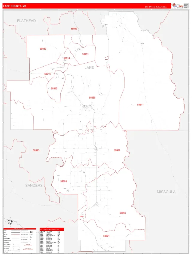 Lake County, MT ZIP Code Wall Map, RedLine style