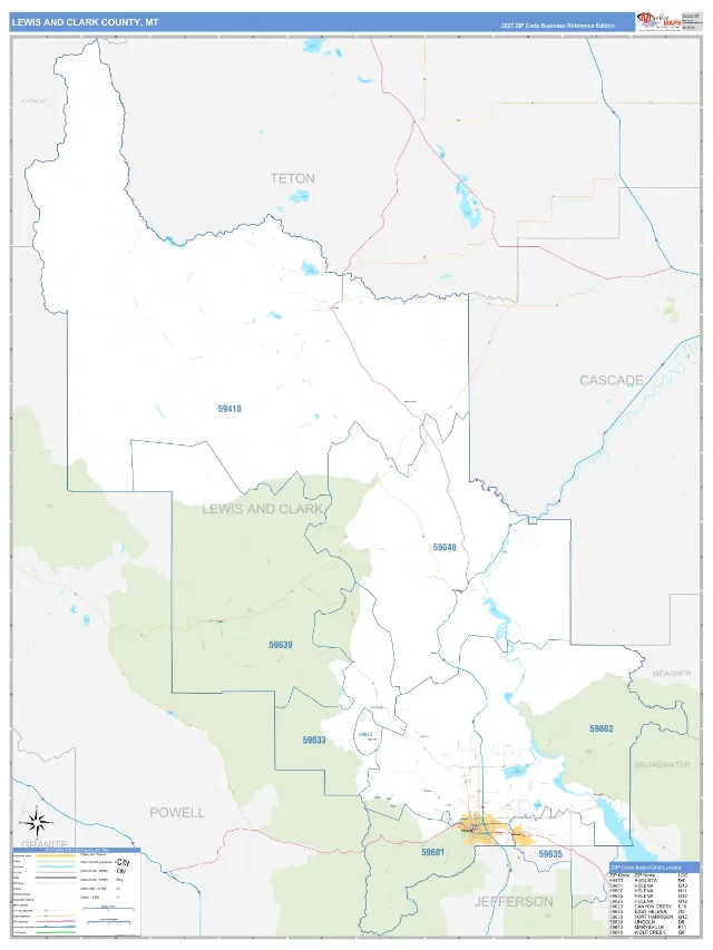 Lewis and Clark County, MT ZIP Code Wall Map, Business Reference style