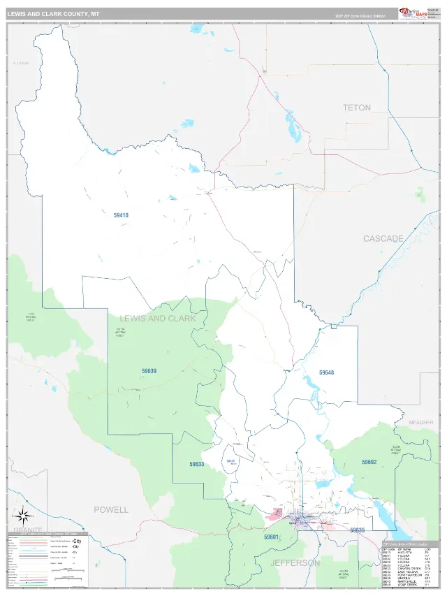 Lewis and Clark County, MT ZIP Code Wall Map, Classic style