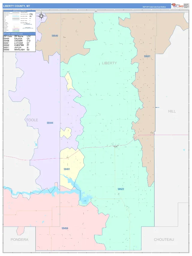 Liberty County, MT ZIP Code Wall Map, ColorCast style