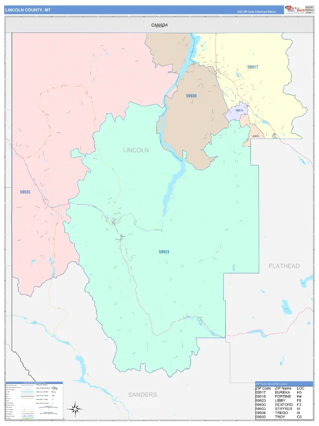 Lincoln County, MT ZIP Code Wall Map, ColorCast style