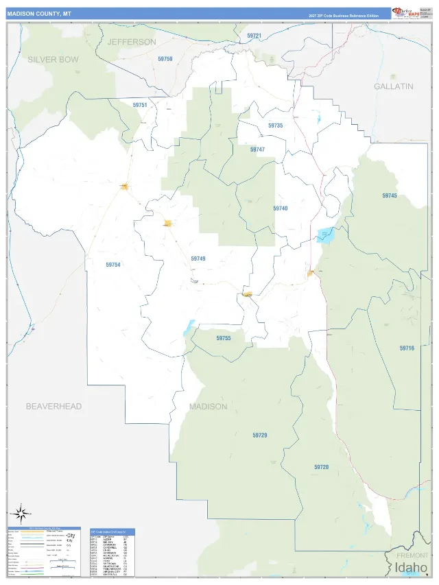 Madison County, MT ZIP Code Wall Map, Business Reference style