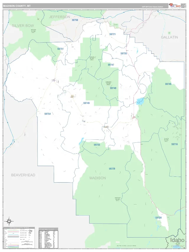 Madison County, MT ZIP Code Wall Map, Classic style