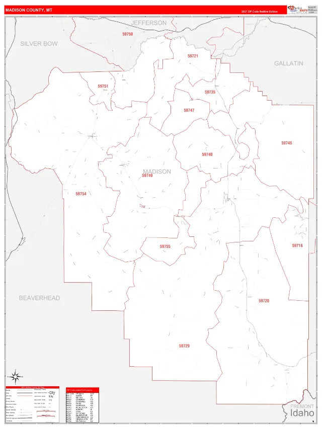 Madison County, MT ZIP Code Wall Map, RedLine style