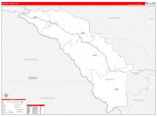 Mineral County, MT ZIP Code Wall Map, RedLine style