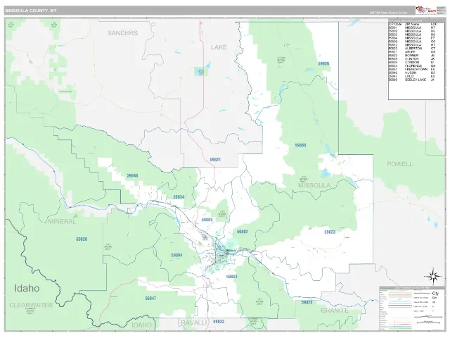 Missoula County, MT ZIP Code Wall Map, Classic style