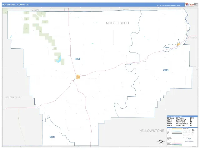 Musselshell County, MT ZIP Code Wall Map, Business Reference style