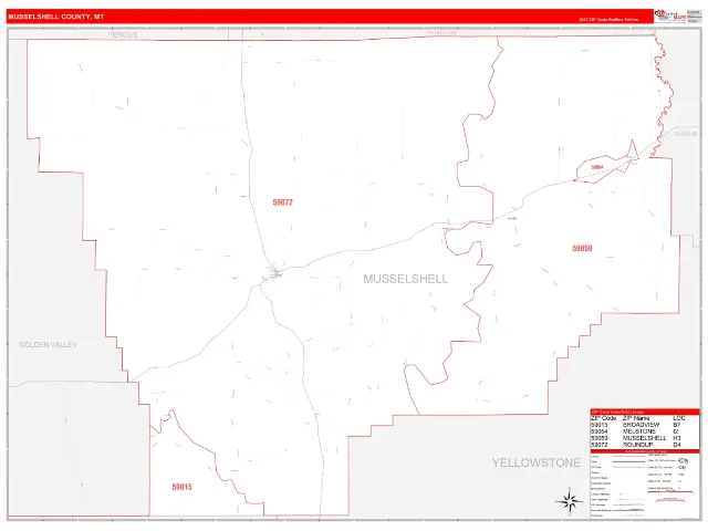 Musselshell County, MT ZIP Code Wall Map, RedLine style