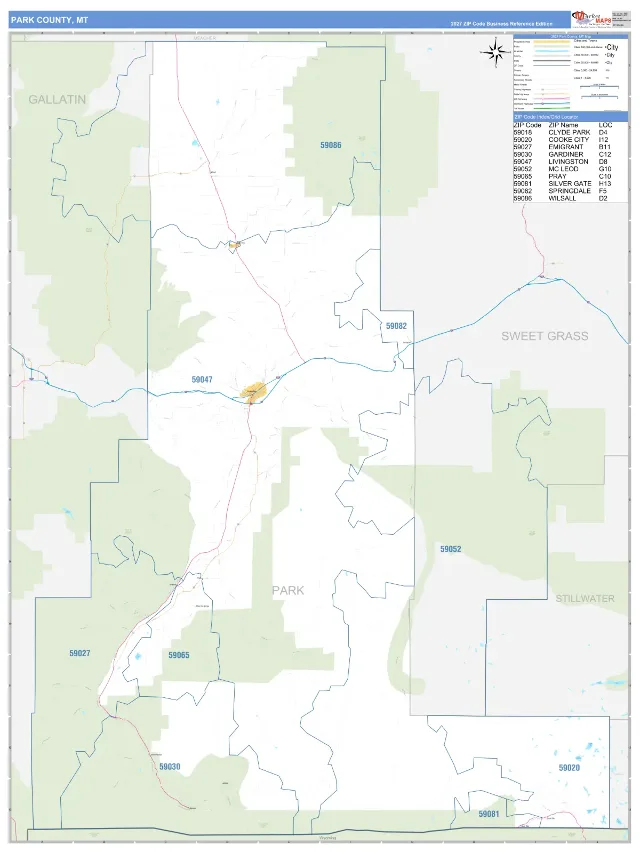 Park County, MT ZIP Code Wall Map, Business Reference style