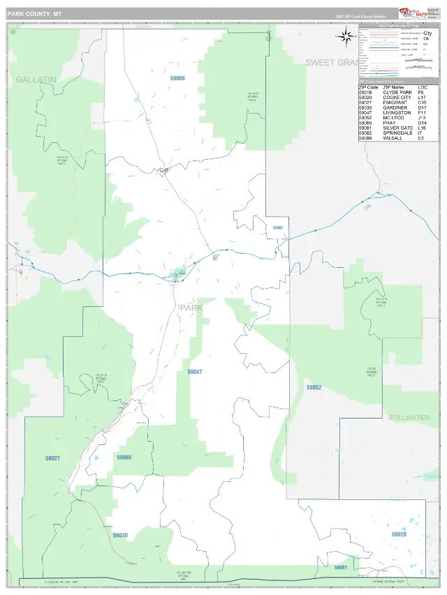 Park County, MT ZIP Code Wall Map, Classic style