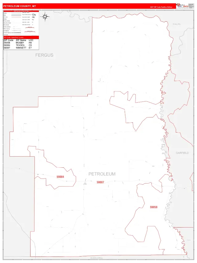 Petroleum County, MT ZIP Code Wall Map, RedLine style