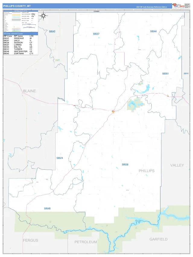 Phillips County, MT ZIP Code Wall Map, Business Reference style
