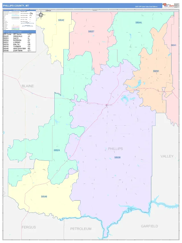 Phillips County, MT ZIP Code Wall Map, ColorCast style