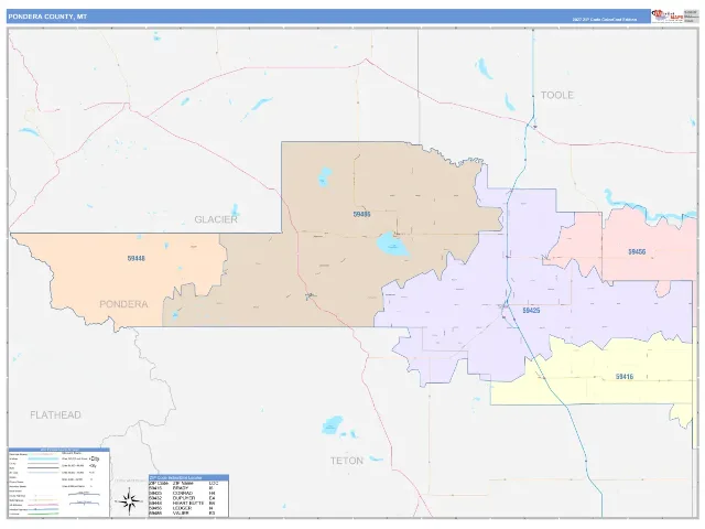 Pondera County, MT ZIP Code Wall Map, ColorCast style