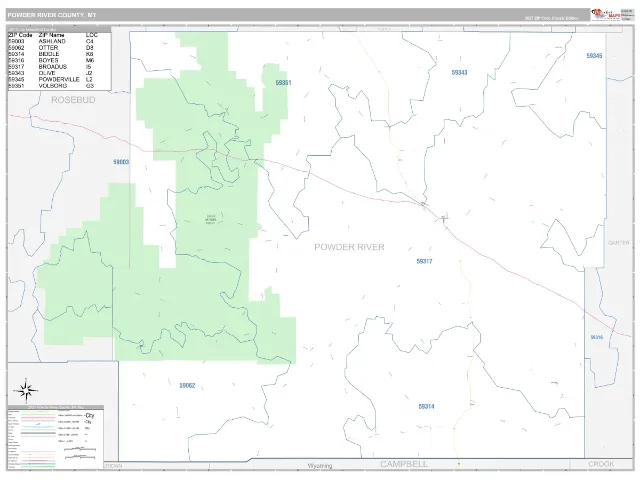 Powder River County, MT ZIP Code Wall Map, Classic style