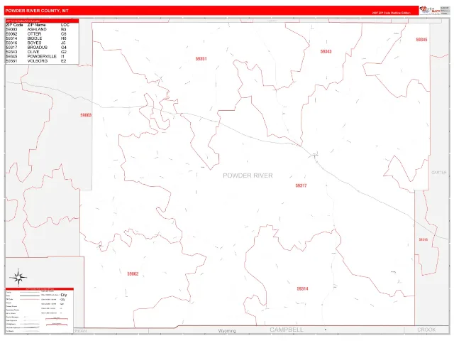 Powder River County, MT ZIP Code Wall Map, RedLine style