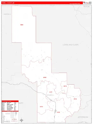 Powell County, MT RedLine style ZIP Code wall map