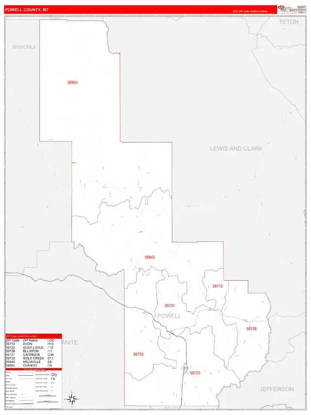 Powell County, MT ZIP Code Wall Map, RedLine style