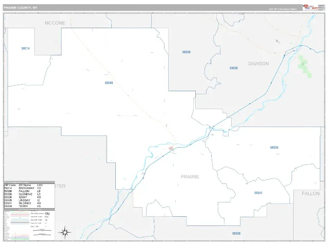 Prairie County, MT ZIP Code Wall Map, Classic style