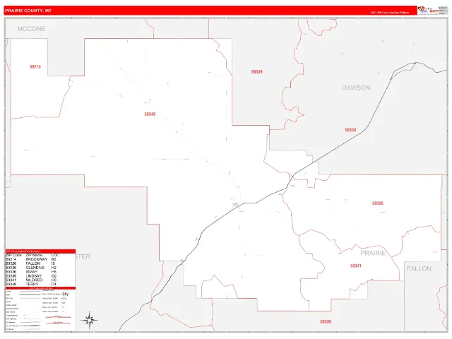 Prairie County, MT ZIP Code Wall Map, RedLine style