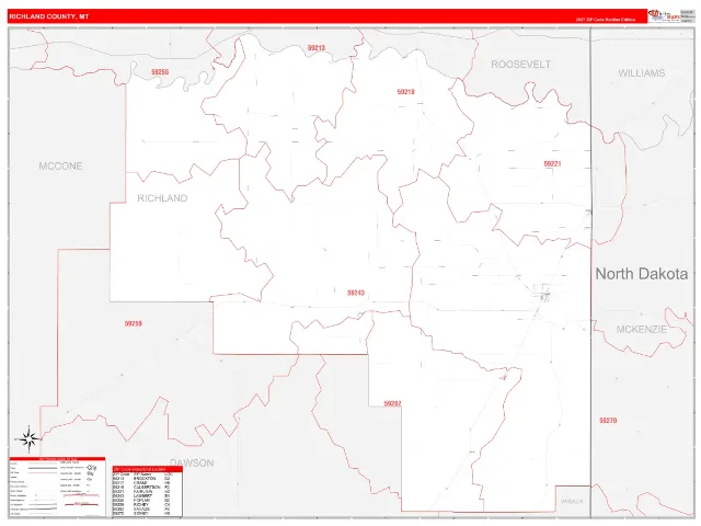 Richland County, MT ZIP Code Wall Map, RedLine style