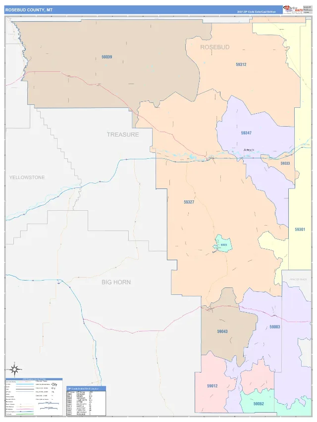Rosebud County, MT ZIP Code Wall Map, ColorCast style