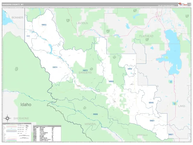 Sanders County, MT ZIP Code Wall Map, Classic style