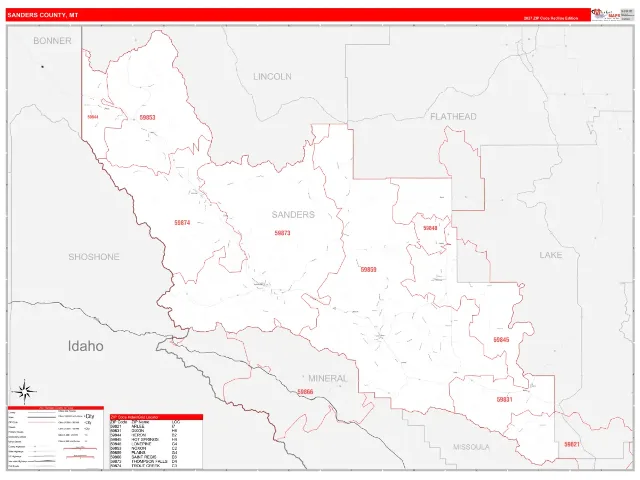 Sanders County, MT ZIP Code Wall Map, RedLine style