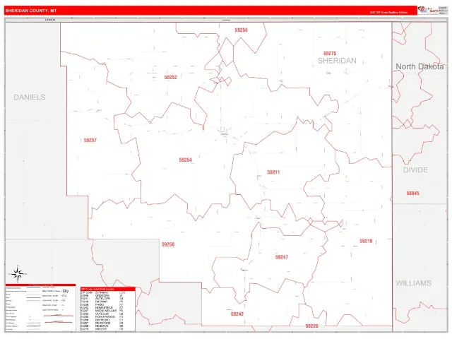 Sheridan County, MT ZIP Code Wall Map, RedLine style