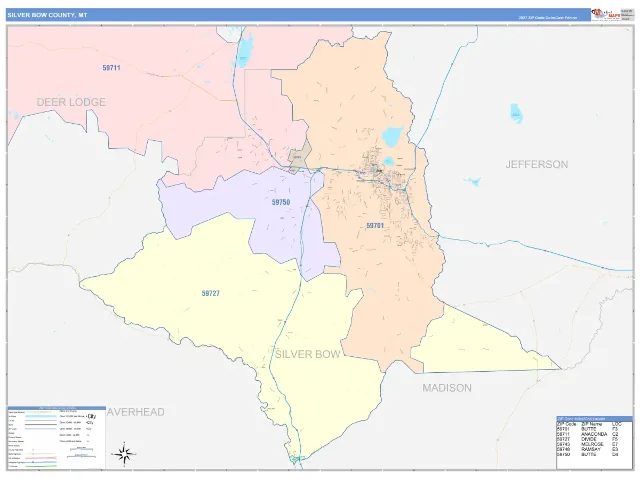 Silver Bow County, MT ZIP Code Wall Map, ColorCast style
