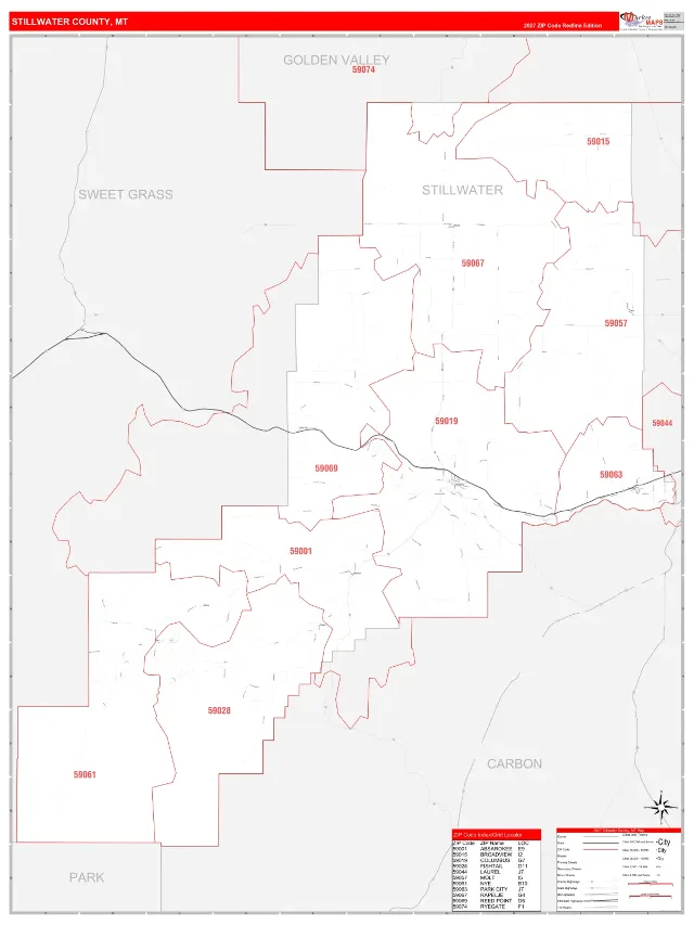 Stillwater County, MT ZIP Code Wall Map, RedLine style