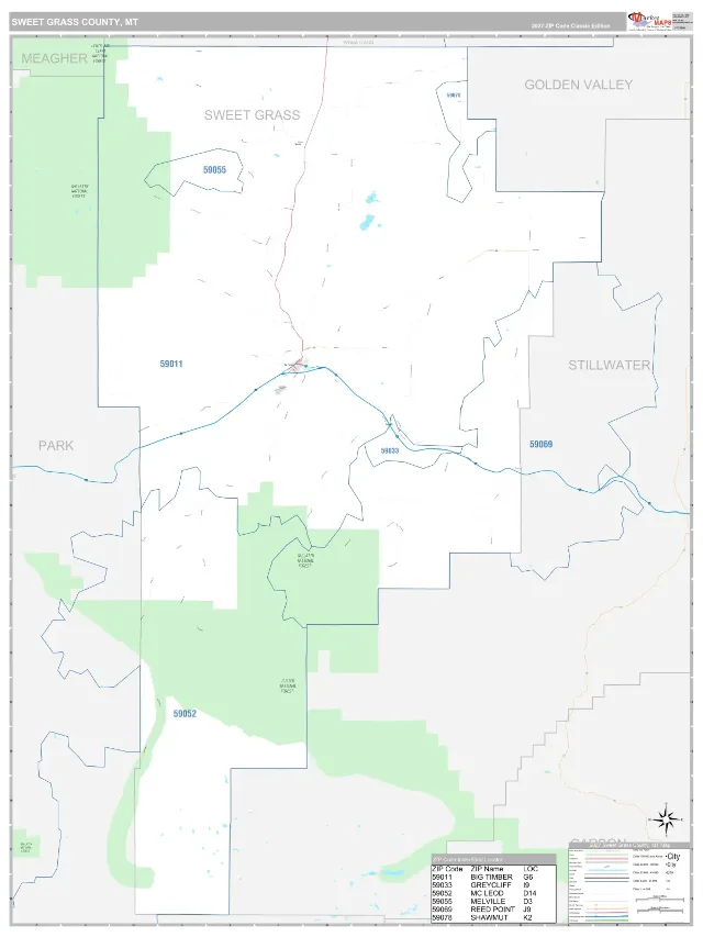 Sweet Grass County, MT ZIP Code Wall Map, Classic style
