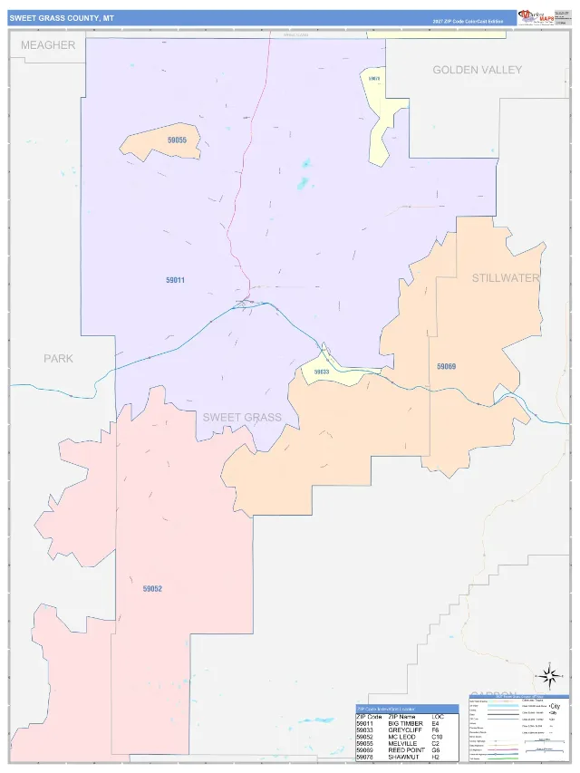 Sweet Grass County, MT ZIP Code Wall Map, ColorCast style