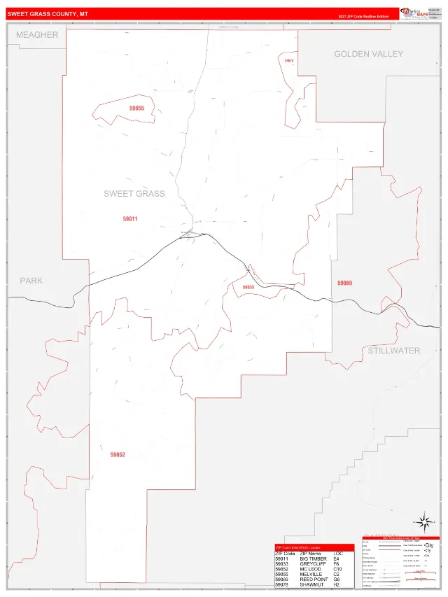 Sweet Grass County, MT ZIP Code Wall Map, RedLine style