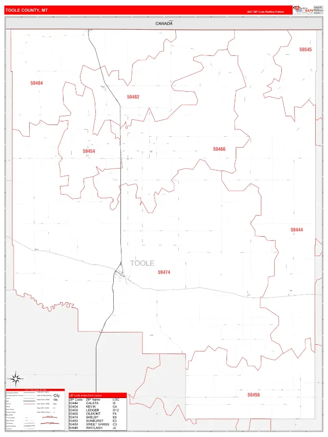 Toole County, MT ZIP Code Wall Map, RedLine style